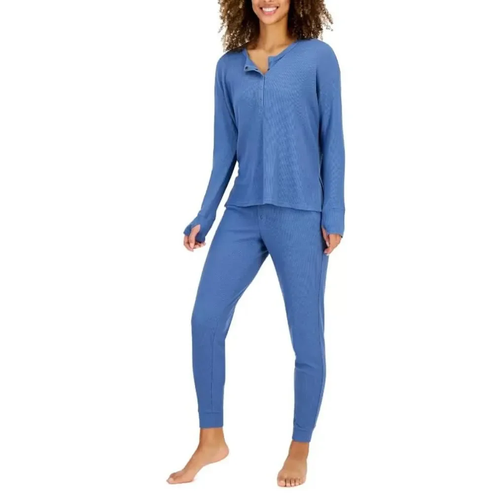 Jenni Women's Solid Waffle Henley Sleep Top, Blue, Medium